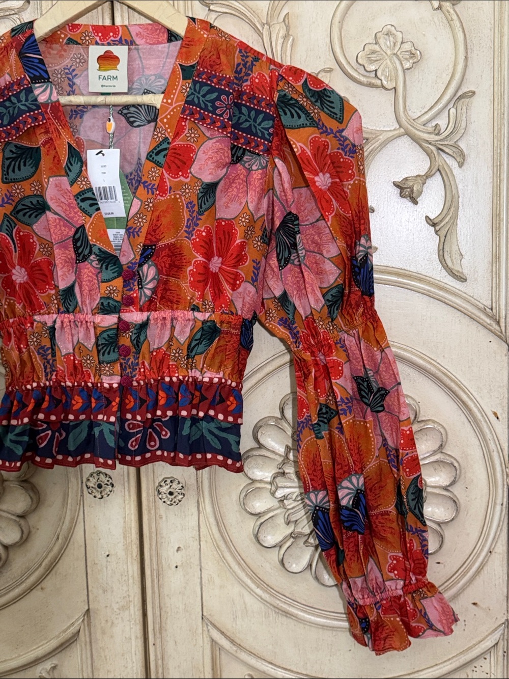 FARM Rio Marias Floral Plunge Neck Peplum Long Sleeve Top Size Medium - Picture 7 of 13